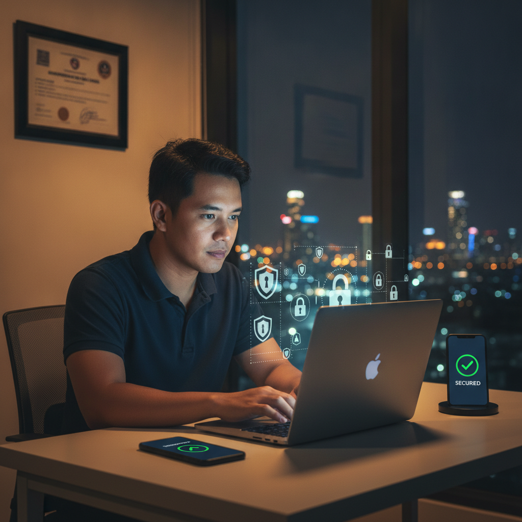 Filipino online casino player verifying platform security and legitimacy on laptop at home
